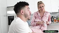 Busty stepaunt is drinking coffee while her stepnephew is eating breakfast.She will help him to go college but first,he must suck her tits.He starts sucking her tits and licks her pussy.In return stepaunt lets him fuck her wet pussy deep and hard.